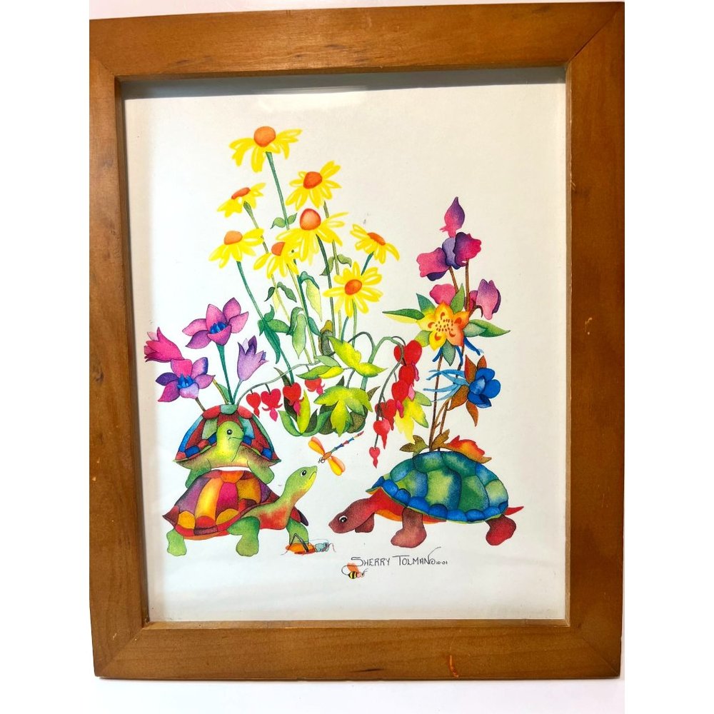 Sherry Tolman Print in Frame Turtles Flowers Dragonfly Signed 9" x 11"